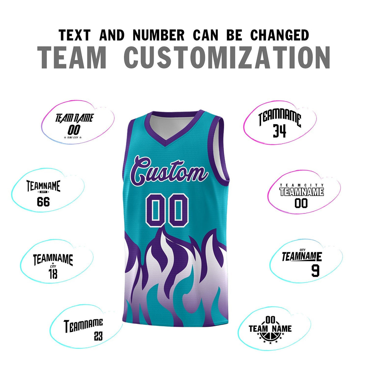 Custom Aqua Purple Hem Flame Pattern Fashion Sports Uniform Basketball Kits