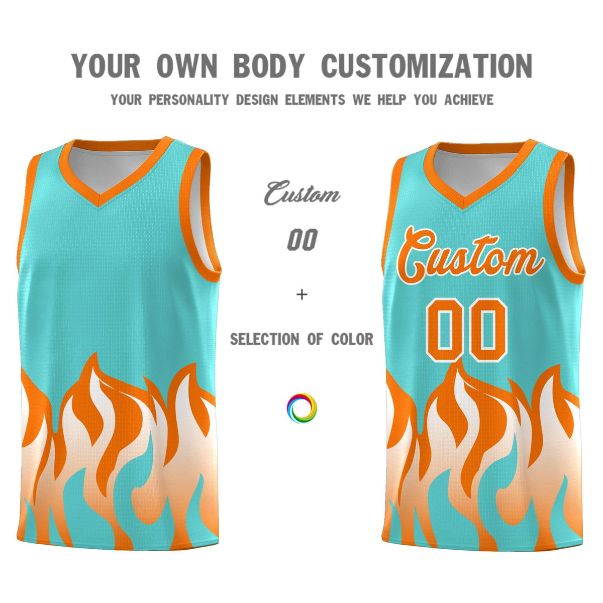 Custom Bright Green Orange Hem Flame Pattern Fashion Sports Uniform Basketball Kits