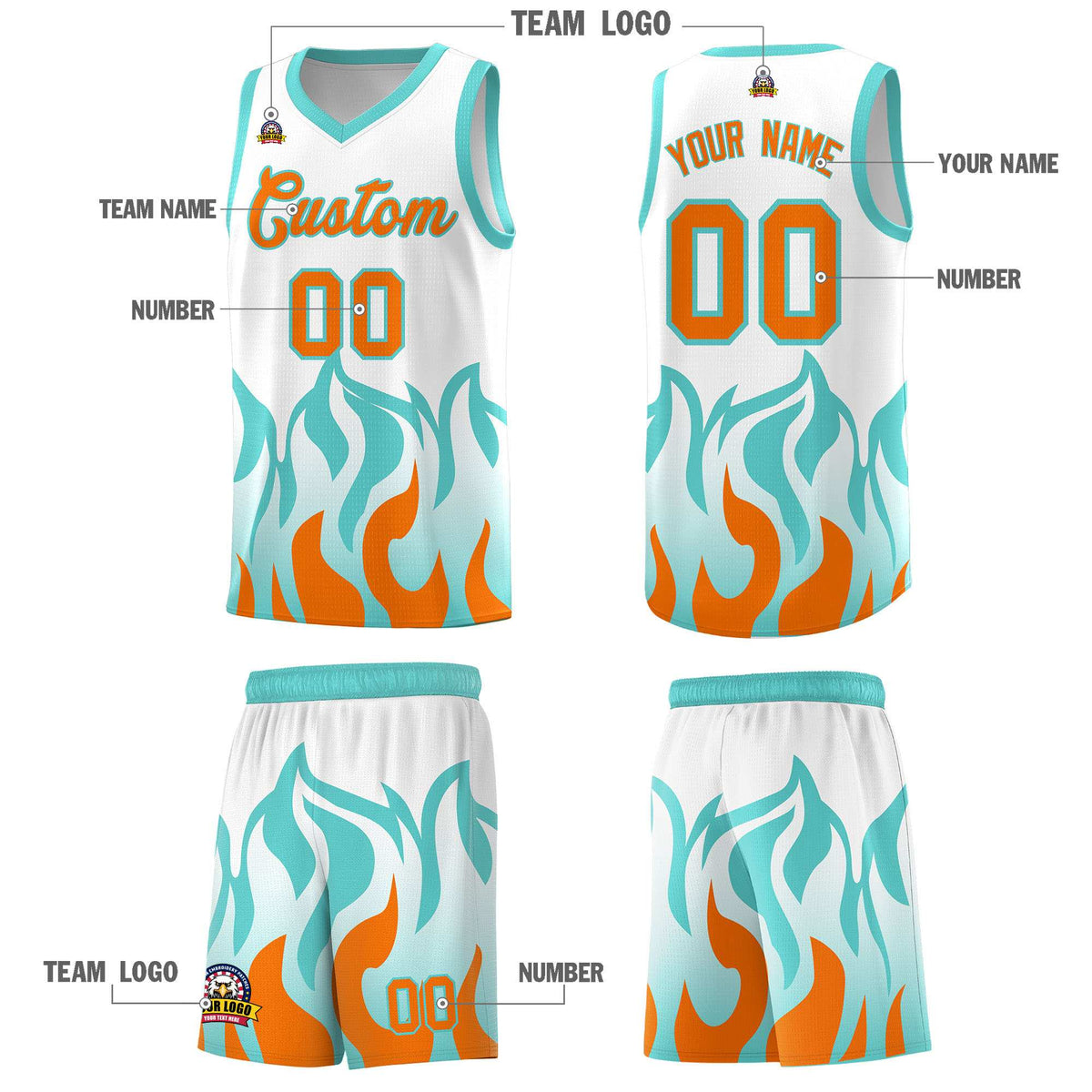 Custom White Orange Hem Flame Pattern Fashion Sports Uniform Basketball Kits