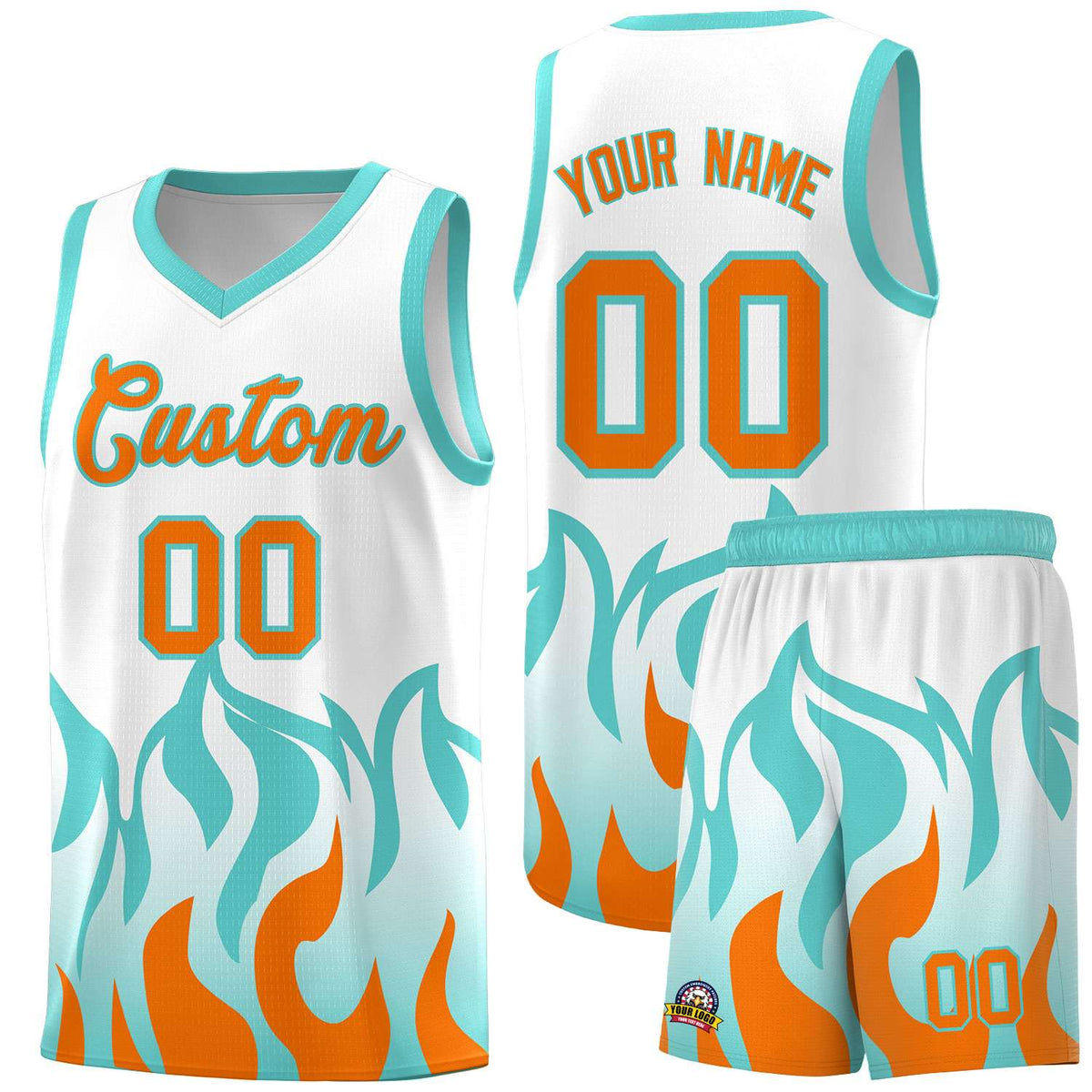 Custom White Orange Hem Flame Pattern Fashion Sports Uniform Basketball Kits