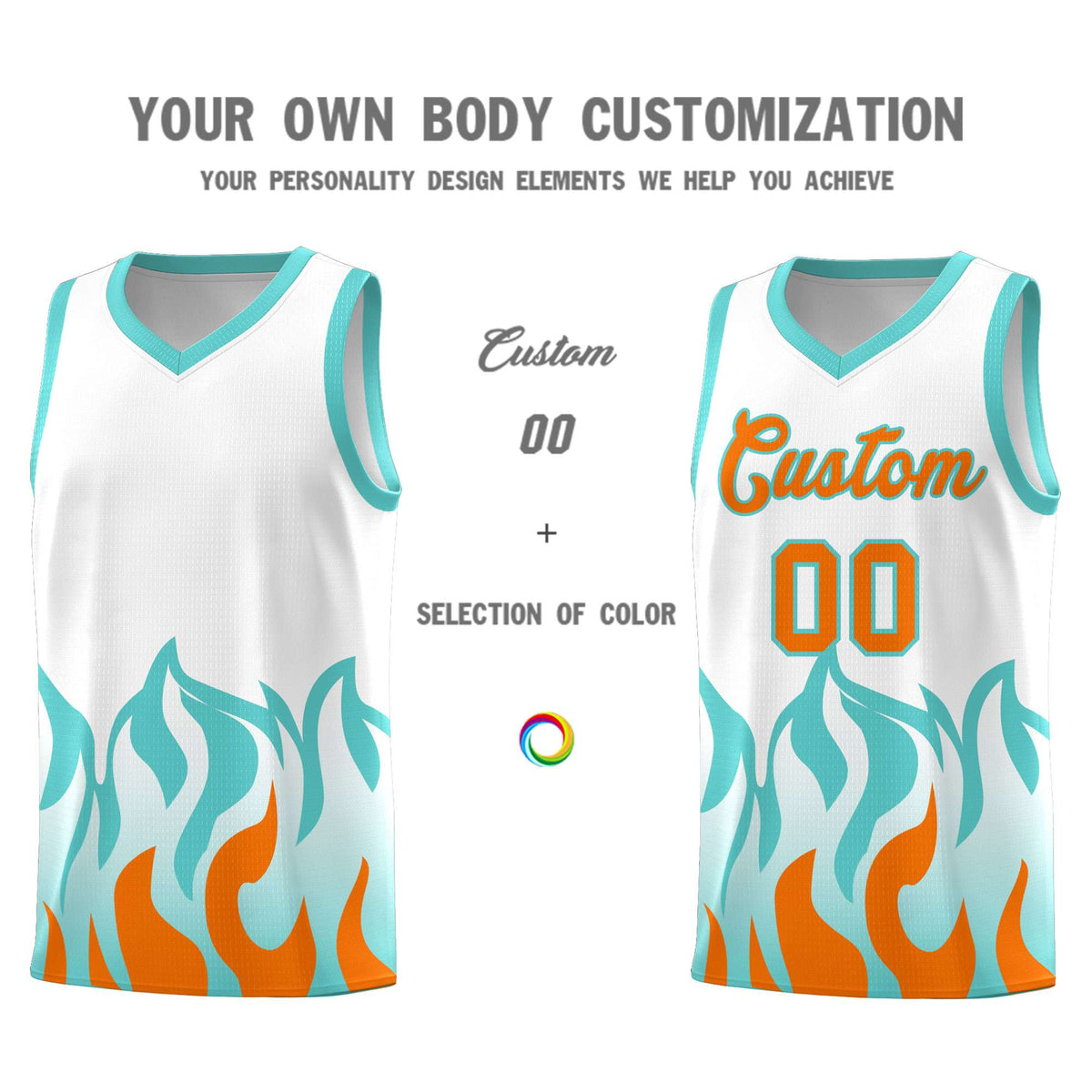 Custom White Orange Hem Flame Pattern Fashion Sports Uniform Basketball Kits