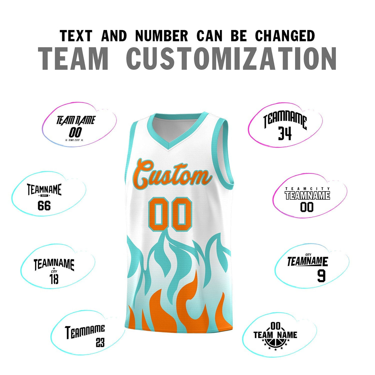 Custom White Orange Hem Flame Pattern Fashion Sports Uniform Basketball Kits