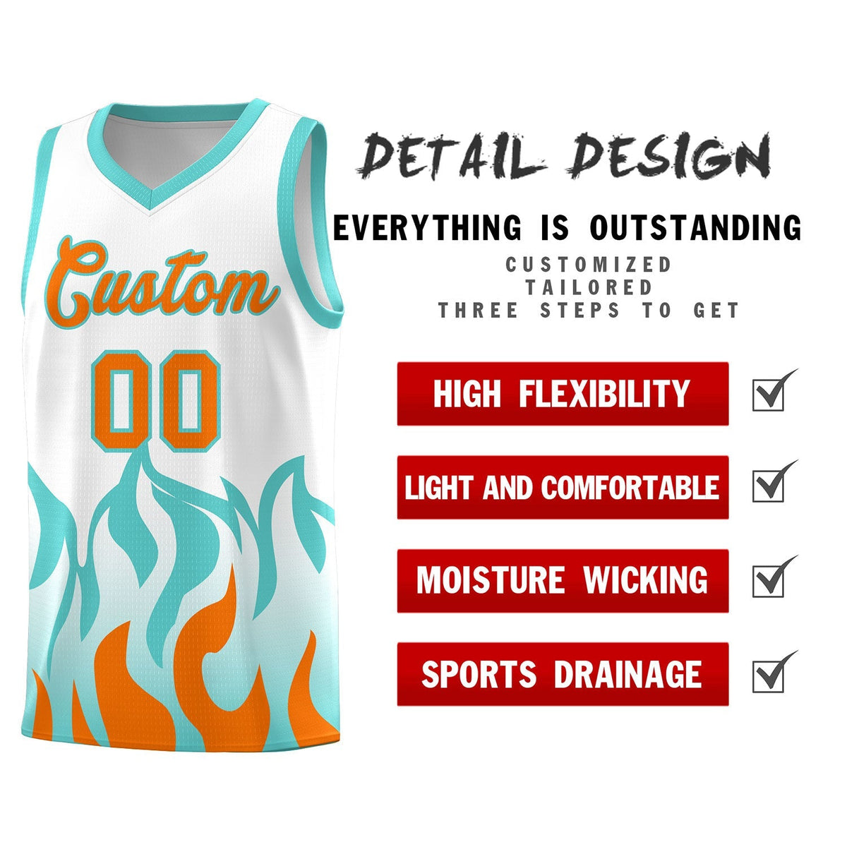 Custom White Orange Hem Flame Pattern Fashion Sports Uniform Basketball Kits