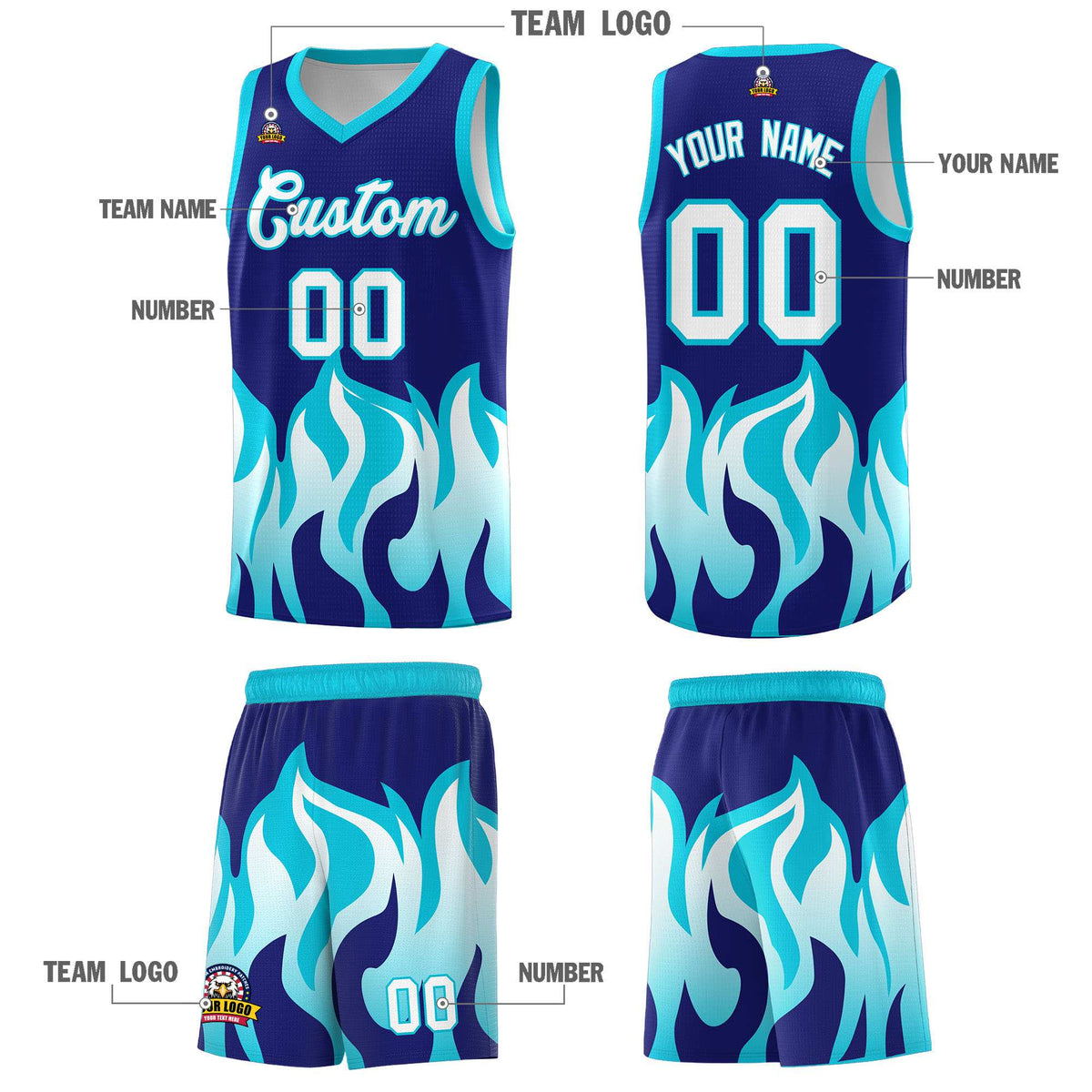 Custom Royal Sky Blue Hem Flame Pattern Fashion Sports Uniform Basketball Kits