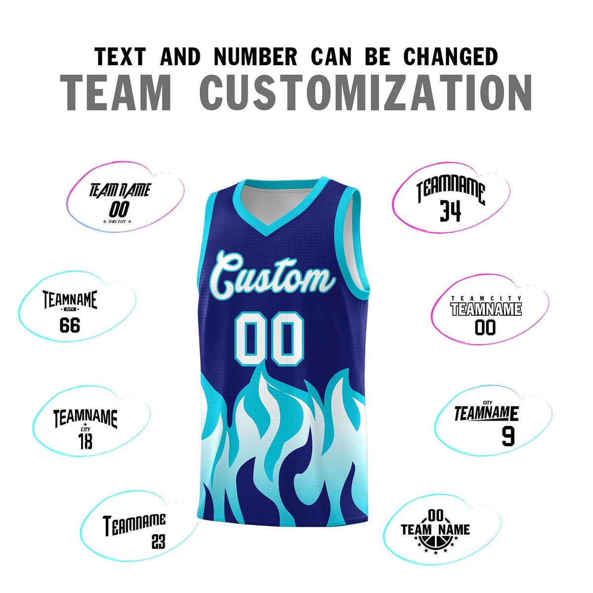 Custom Royal Sky Blue Hem Flame Pattern Fashion Sports Uniform Basketball Kits