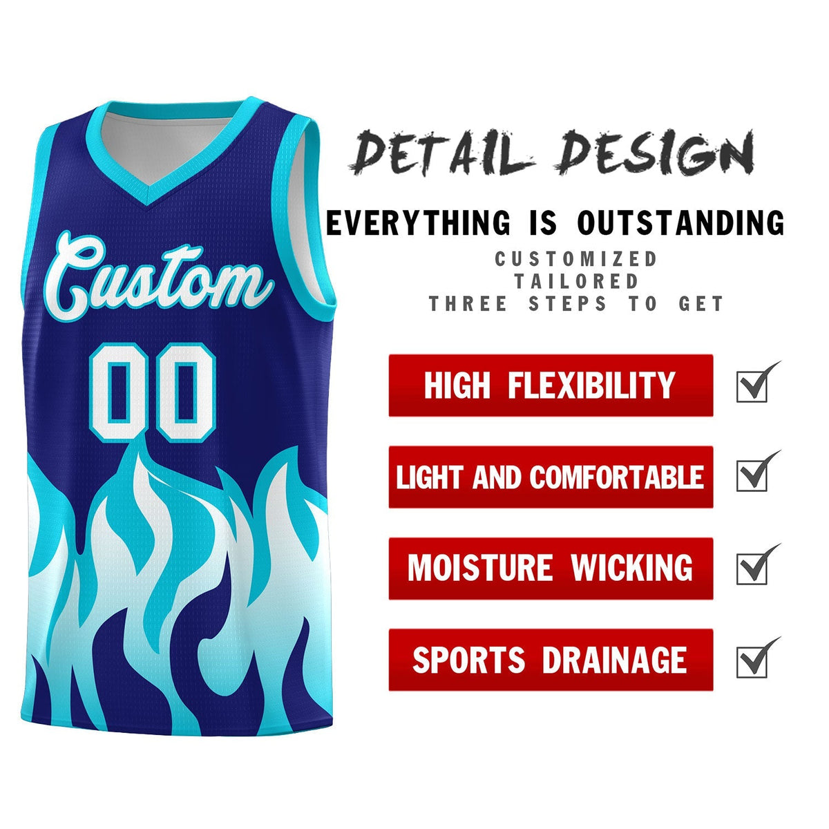 Custom Royal Sky Blue Hem Flame Pattern Fashion Sports Uniform Basketball Kits