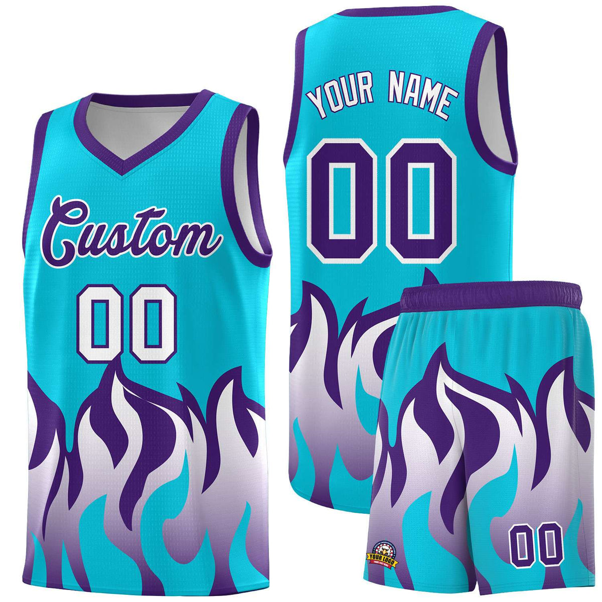 Custom Sky Blue Purple Hem Flame Pattern Fashion Sports Uniform Basketball Kits
