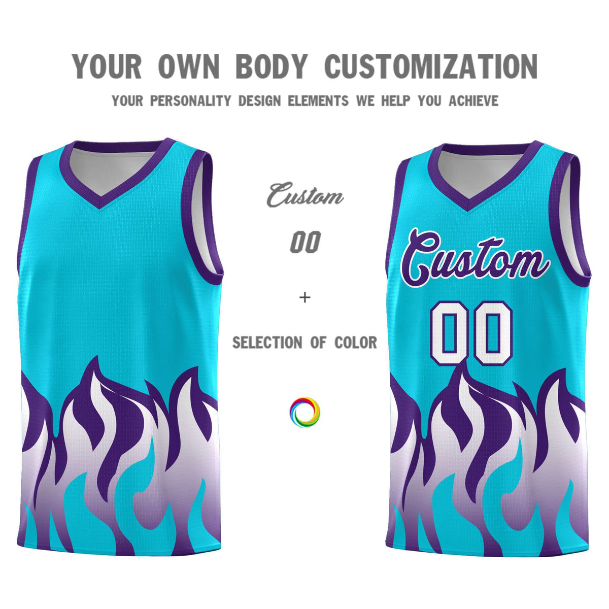 Custom Sky Blue Purple Hem Flame Pattern Fashion Sports Uniform Basketball Kits