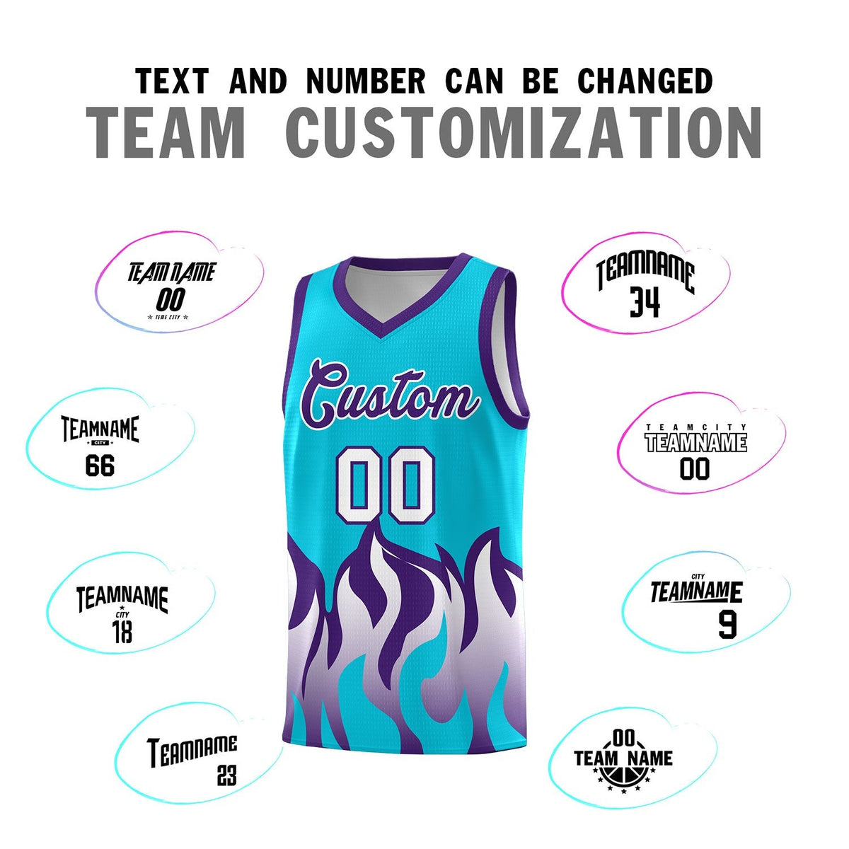 Custom Sky Blue Purple Hem Flame Pattern Fashion Sports Uniform Basketball Kits