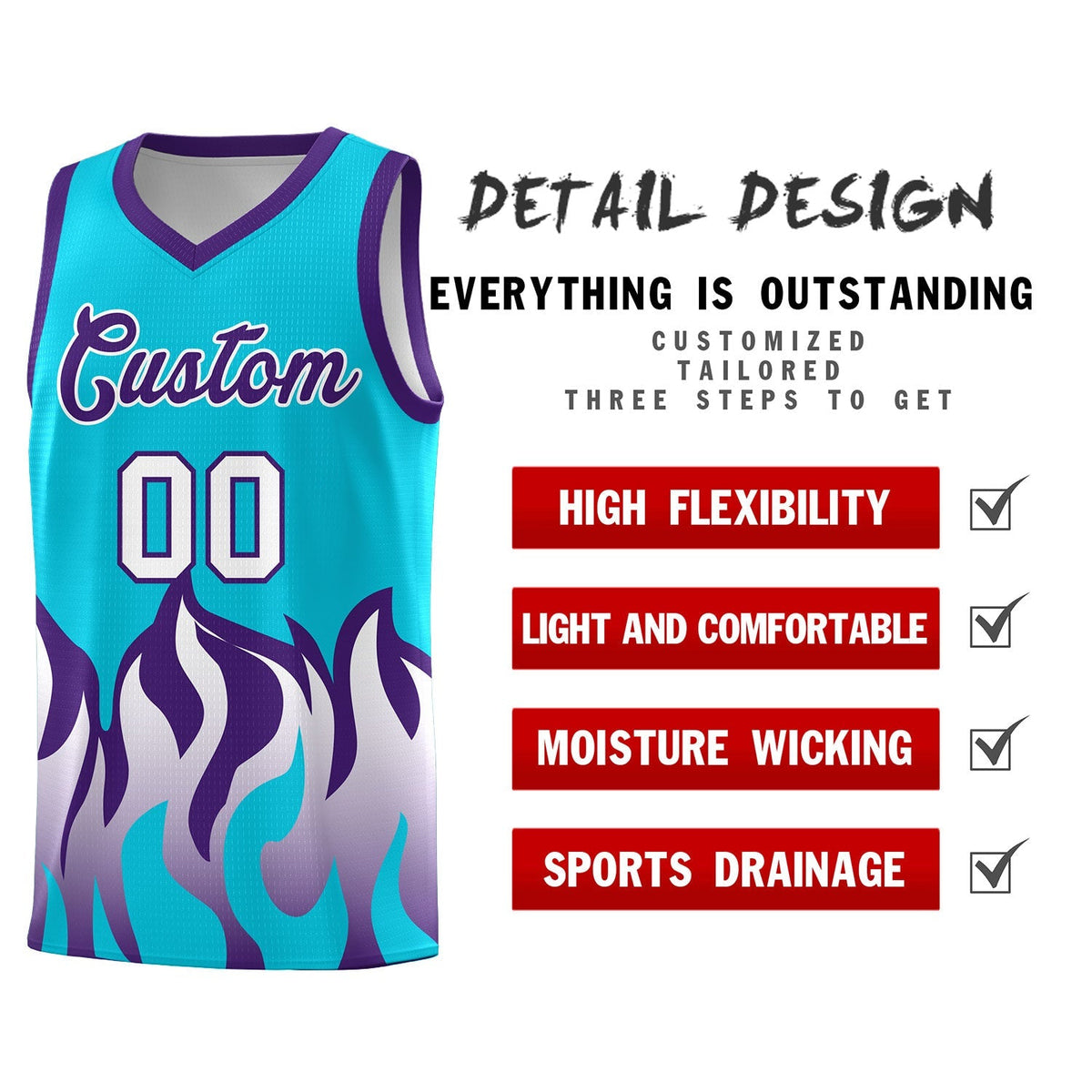 Custom Sky Blue Purple Hem Flame Pattern Fashion Sports Uniform Basketball Kits