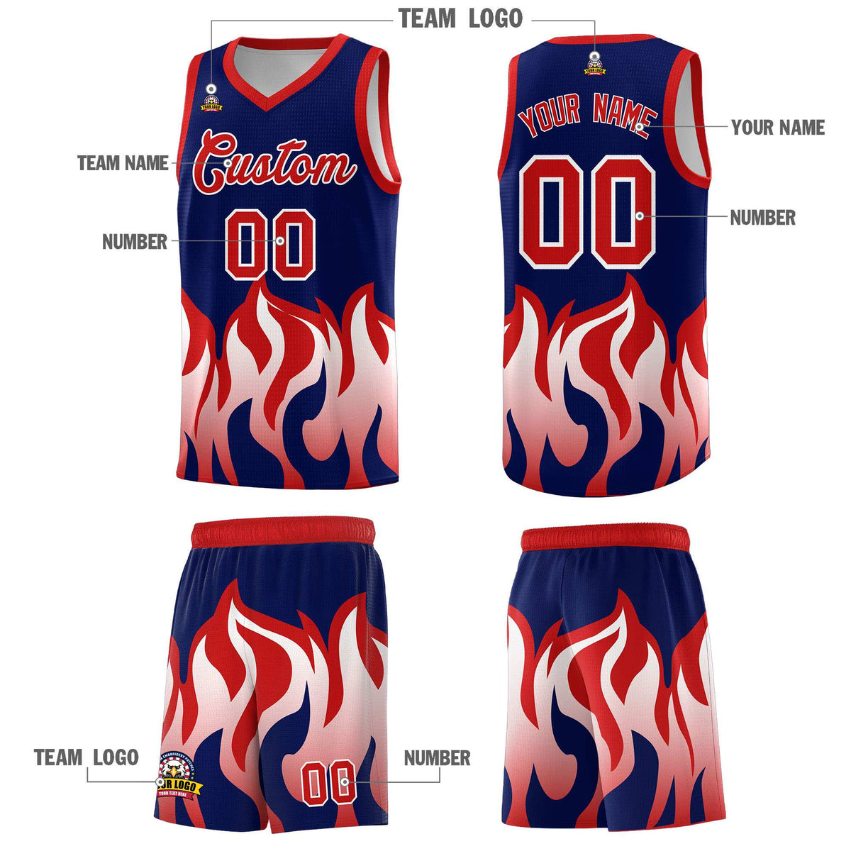 Custom Navy Red Hem Flame Pattern Fashion Sports Uniform Basketball Kits