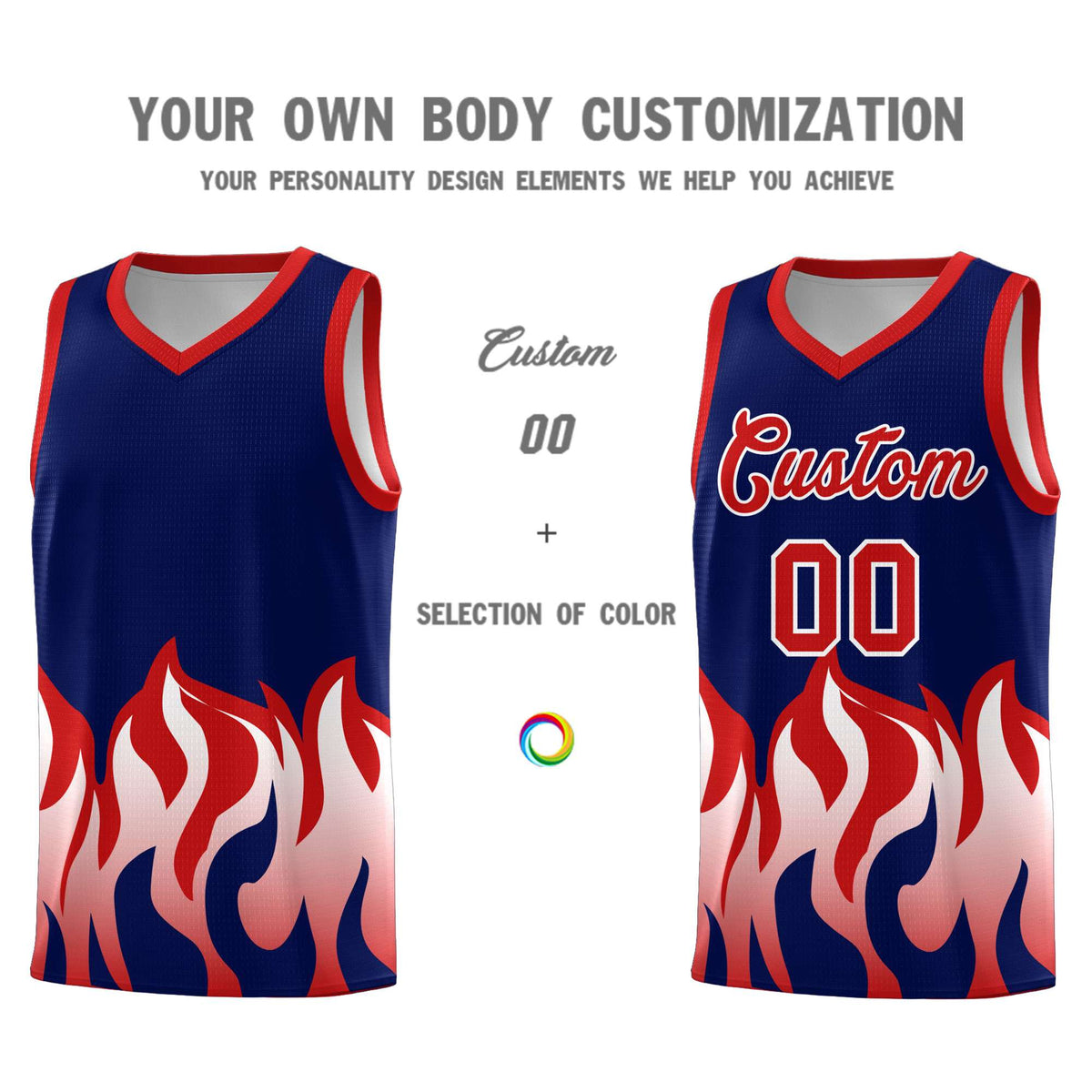 Custom Navy Red Hem Flame Pattern Fashion Sports Uniform Basketball Kits