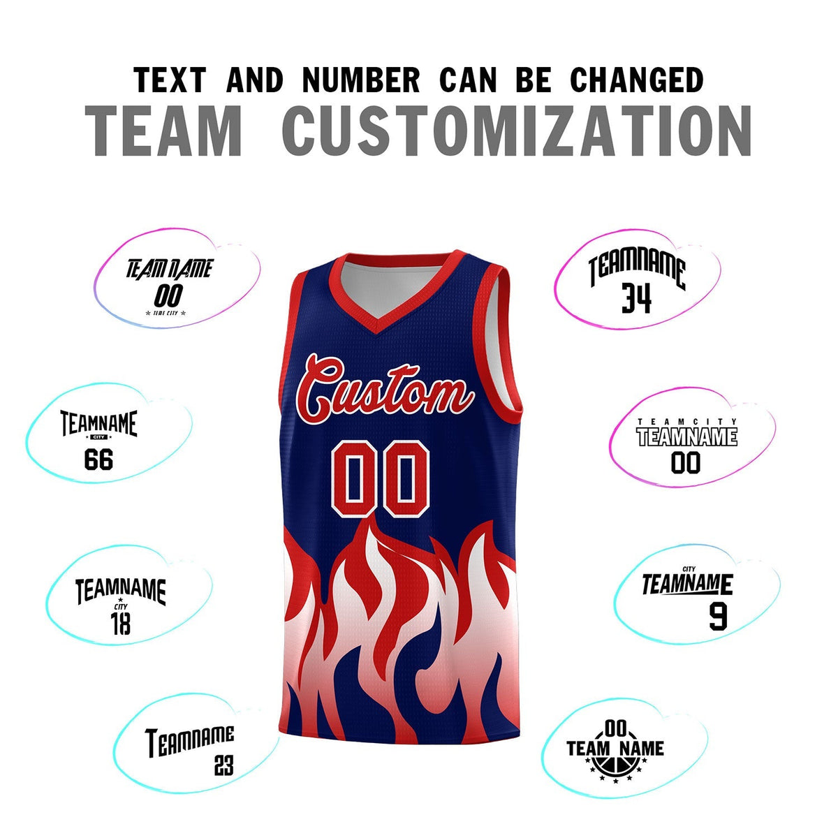 Custom Navy Red Hem Flame Pattern Fashion Sports Uniform Basketball Kits