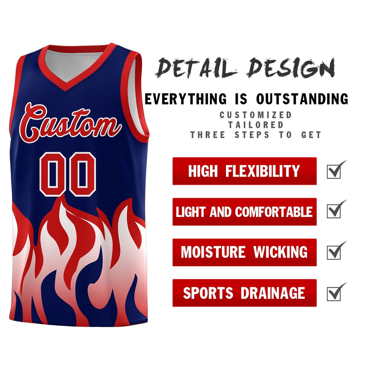 Custom Navy Red Hem Flame Pattern Fashion Sports Uniform Basketball Kits