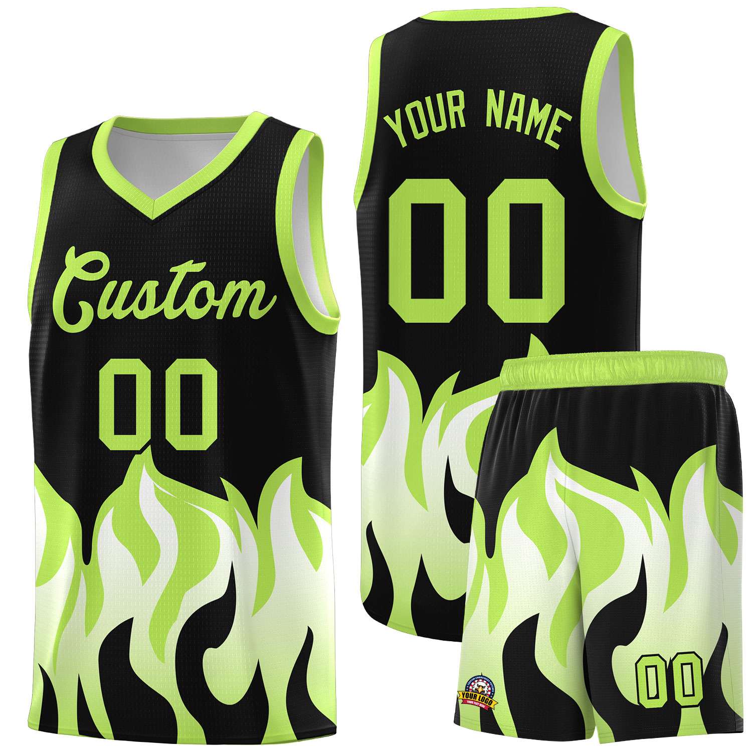 Custom Black Fluorescent Green Hem Flame Pattern Fashion Sports Uniform Basketball Kits