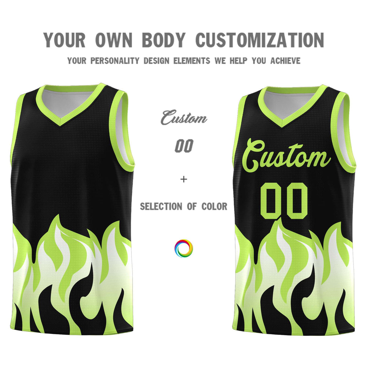 Custom Black Fluorescent Green Hem Flame Pattern Fashion Sports Uniform Basketball Kits