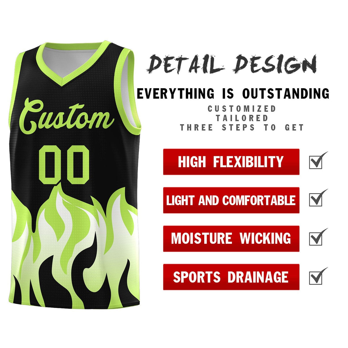 Custom Black Fluorescent Green Hem Flame Pattern Fashion Sports Uniform Basketball Kits