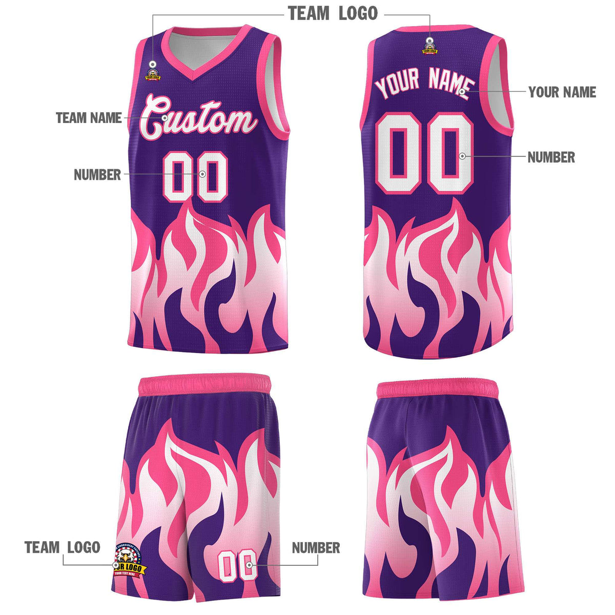 Custom Purple Pink Hem Flame Pattern Fashion Sports Uniform Basketball Kits