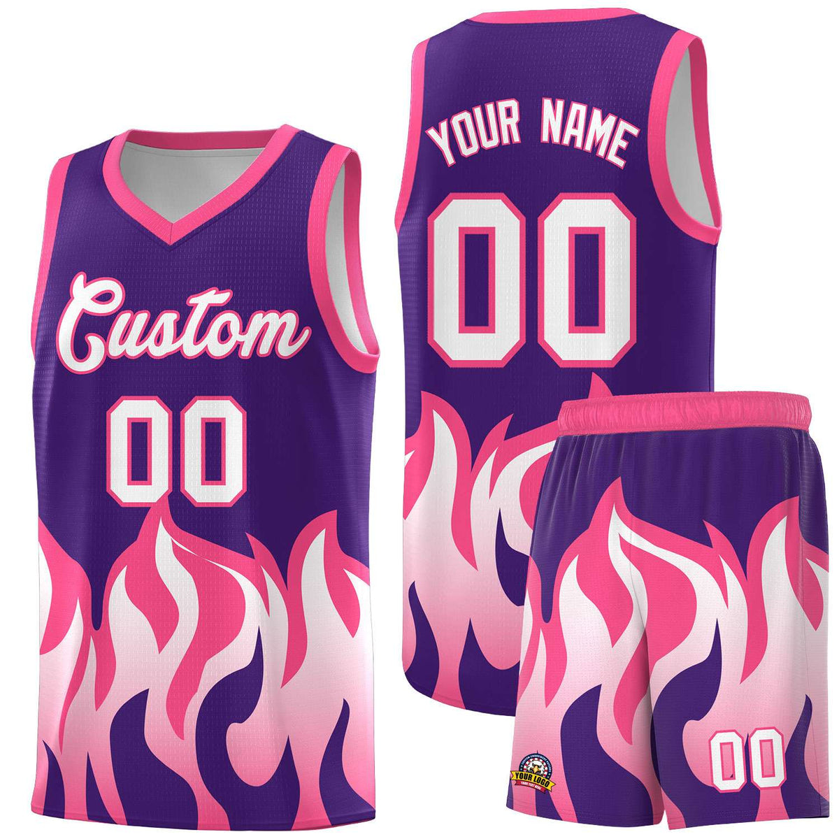 Custom Purple Pink Hem Flame Pattern Fashion Sports Uniform Basketball Kits