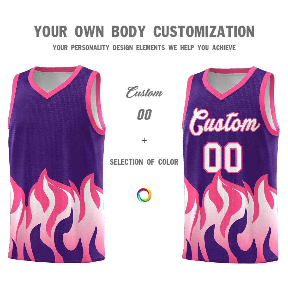 Custom Purple Pink Hem Flame Pattern Fashion Sports Uniform Basketball Kits