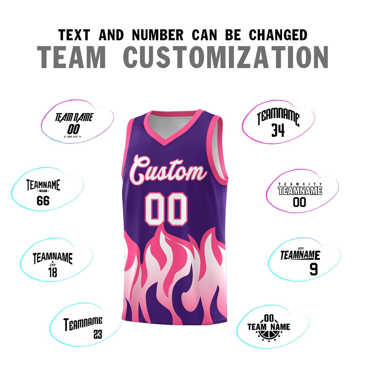 Custom Purple Pink Hem Flame Pattern Fashion Sports Uniform Basketball Kits