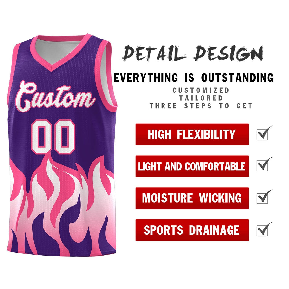 Custom Purple Pink Hem Flame Pattern Fashion Sports Uniform Basketball Kits