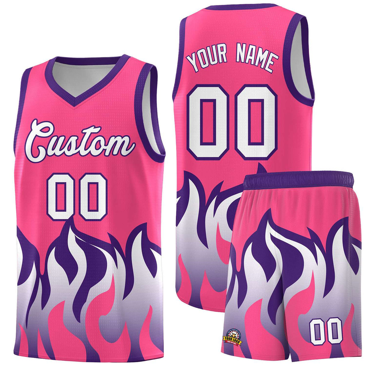 Custom Pink Purple Hem Flame Pattern Fashion Sports Uniform Basketball Kits