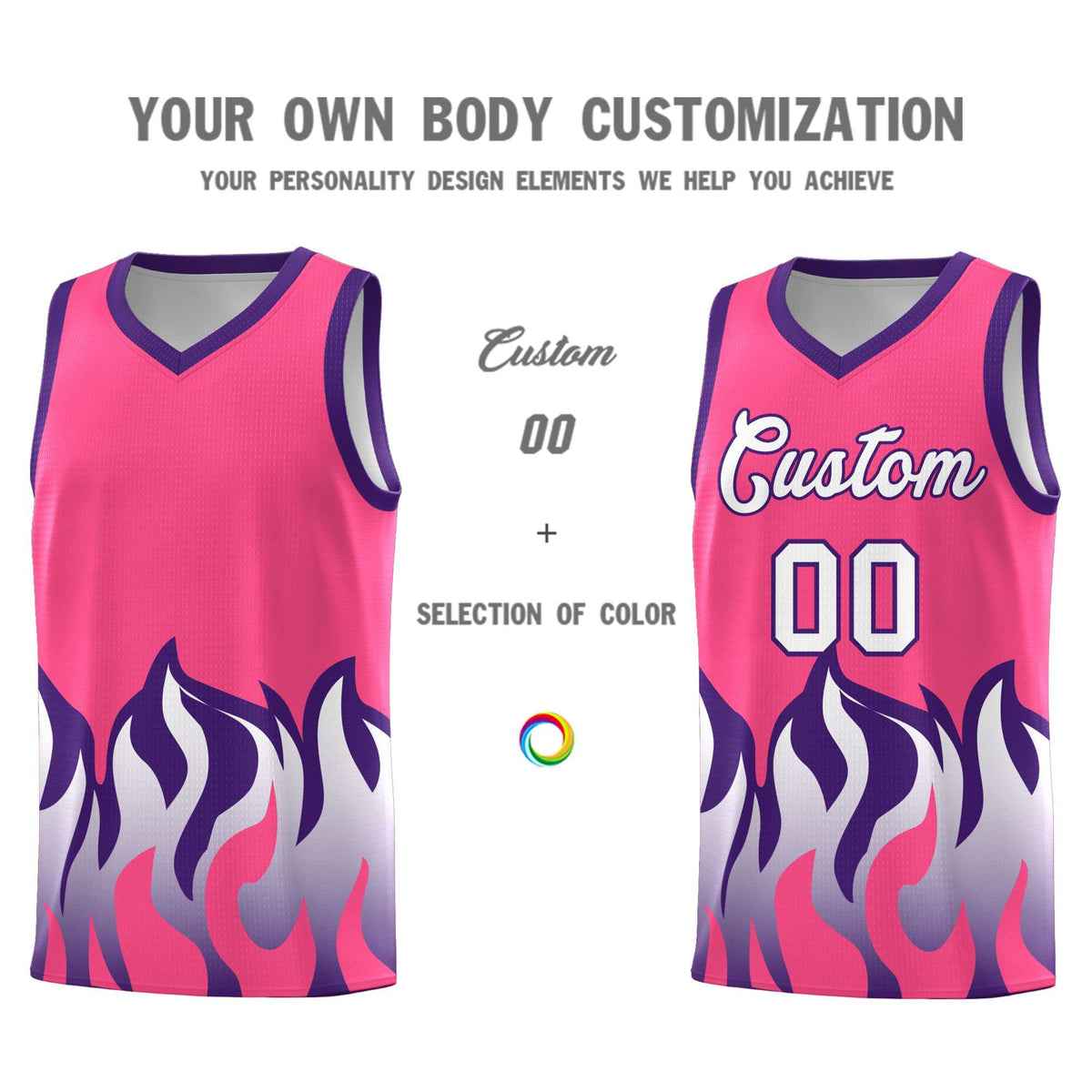 Custom Pink Purple Hem Flame Pattern Fashion Sports Uniform Basketball Kits