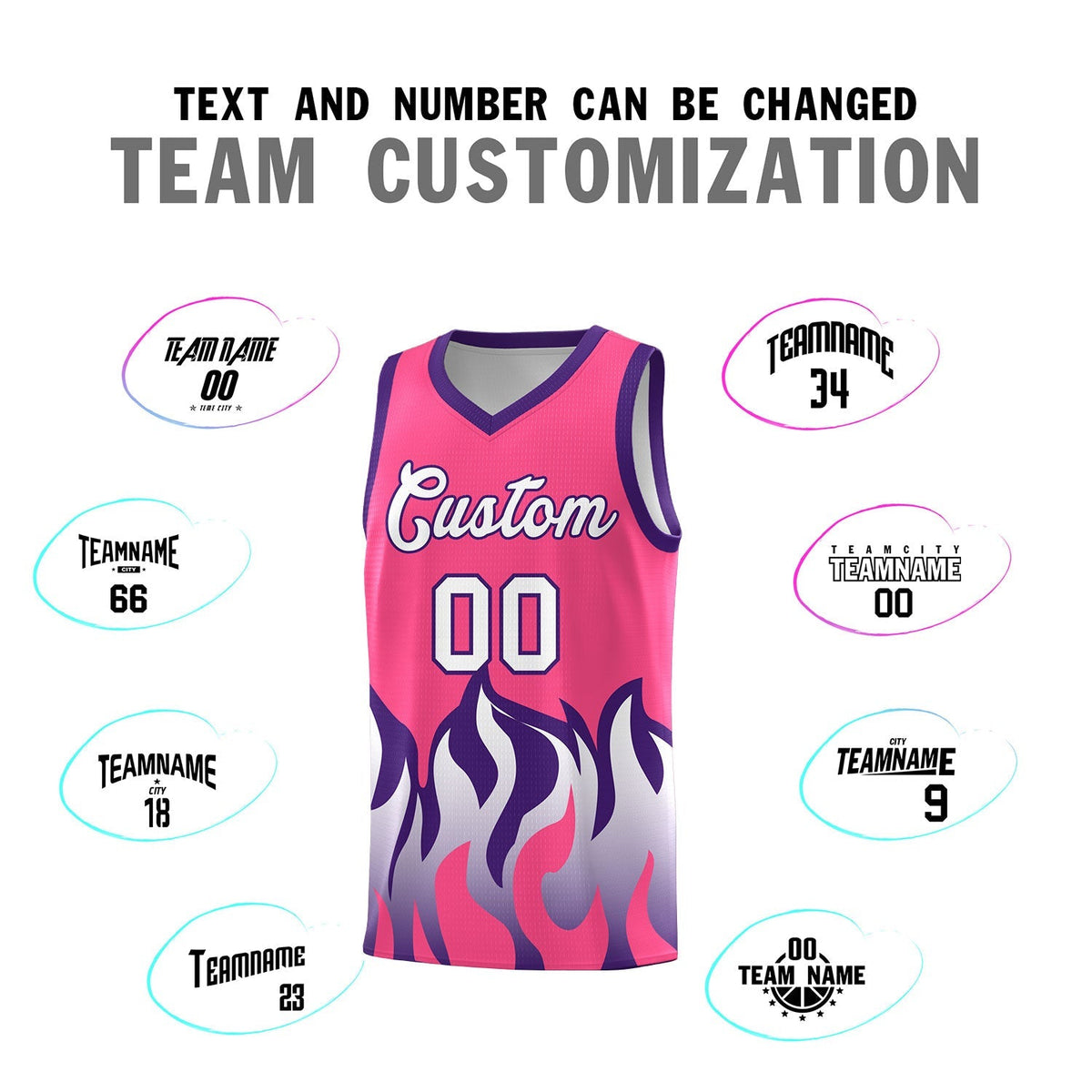 Custom Pink Purple Hem Flame Pattern Fashion Sports Uniform Basketball Kits