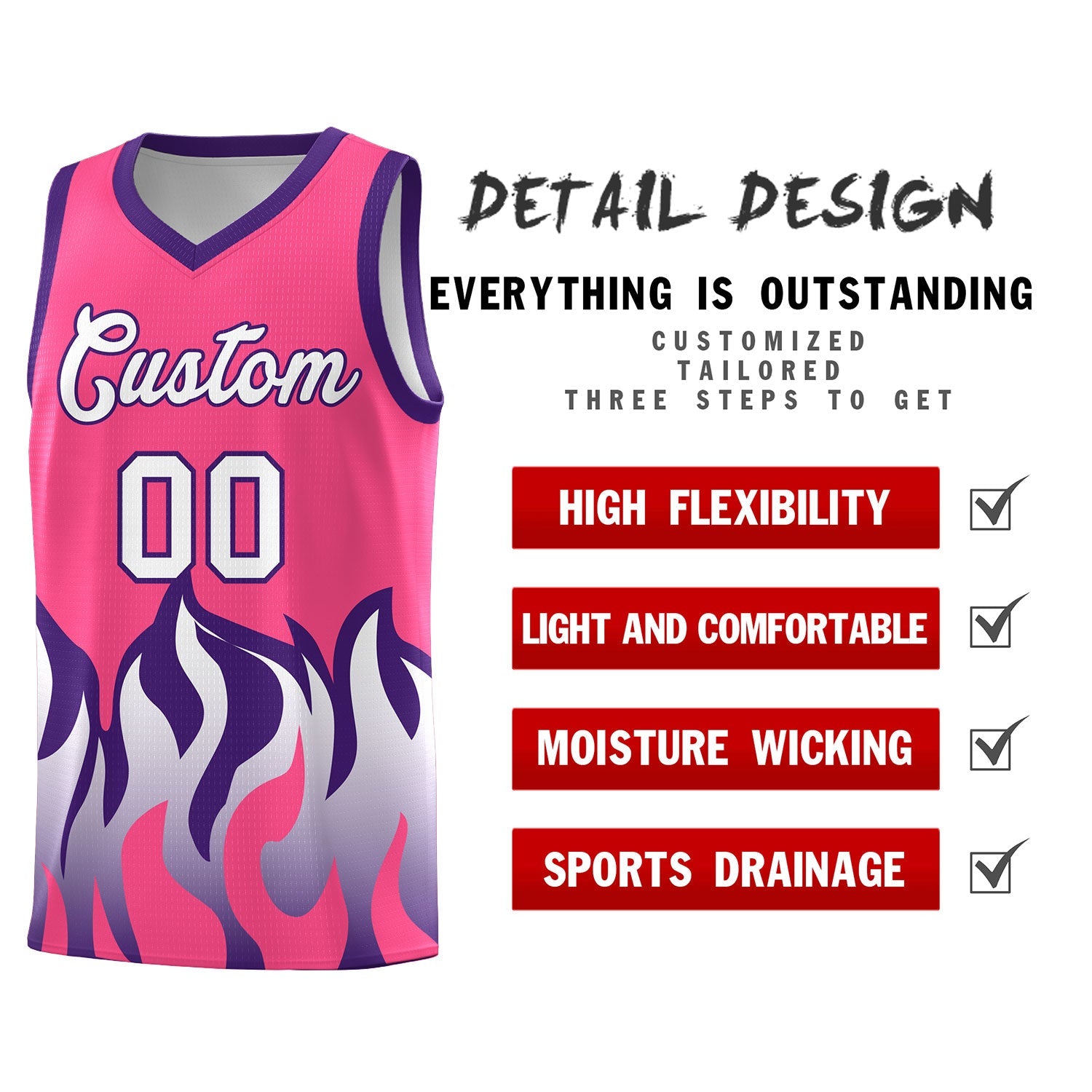Custom Pink Purple Hem Flame Pattern Fashion Sports Uniform Basketball Kits