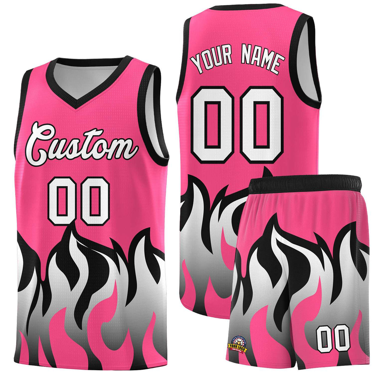 Custom Pink Black Hem Flame Pattern Fashion Sports Uniform Basketball Kits