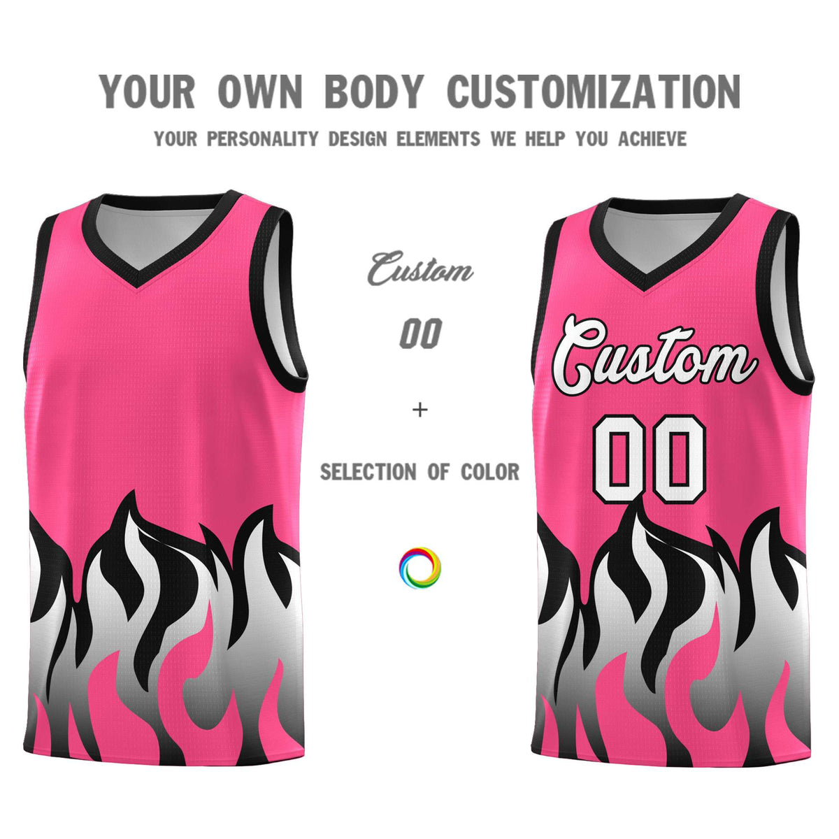 Custom Pink Black Hem Flame Pattern Fashion Sports Uniform Basketball Kits