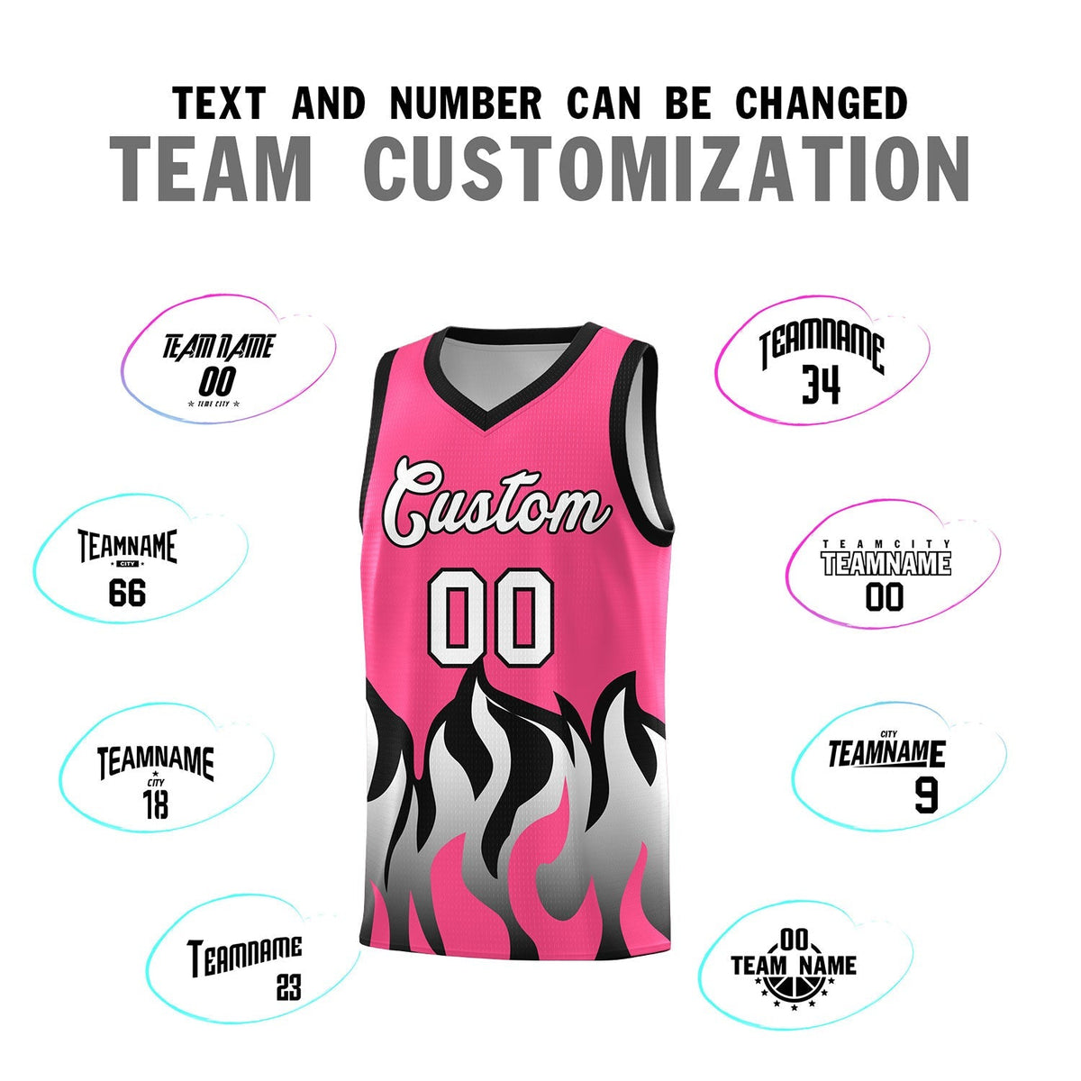 Custom Pink Black Hem Flame Pattern Fashion Sports Uniform Basketball Kits