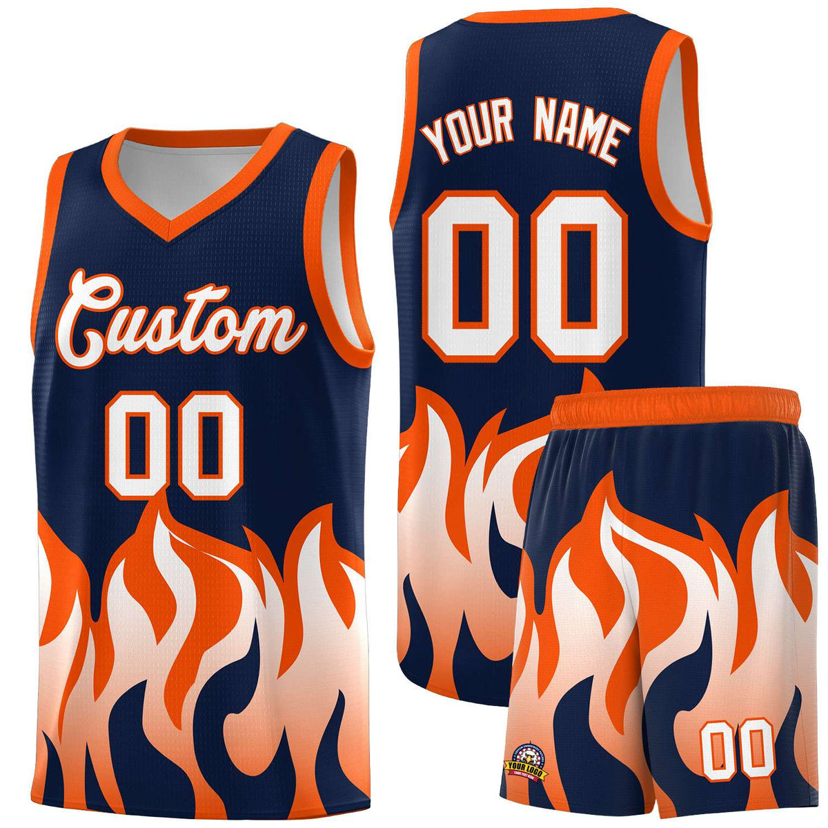 Custom Navy Orange Hem Flame Pattern Fashion Sports Uniform Basketball Kits