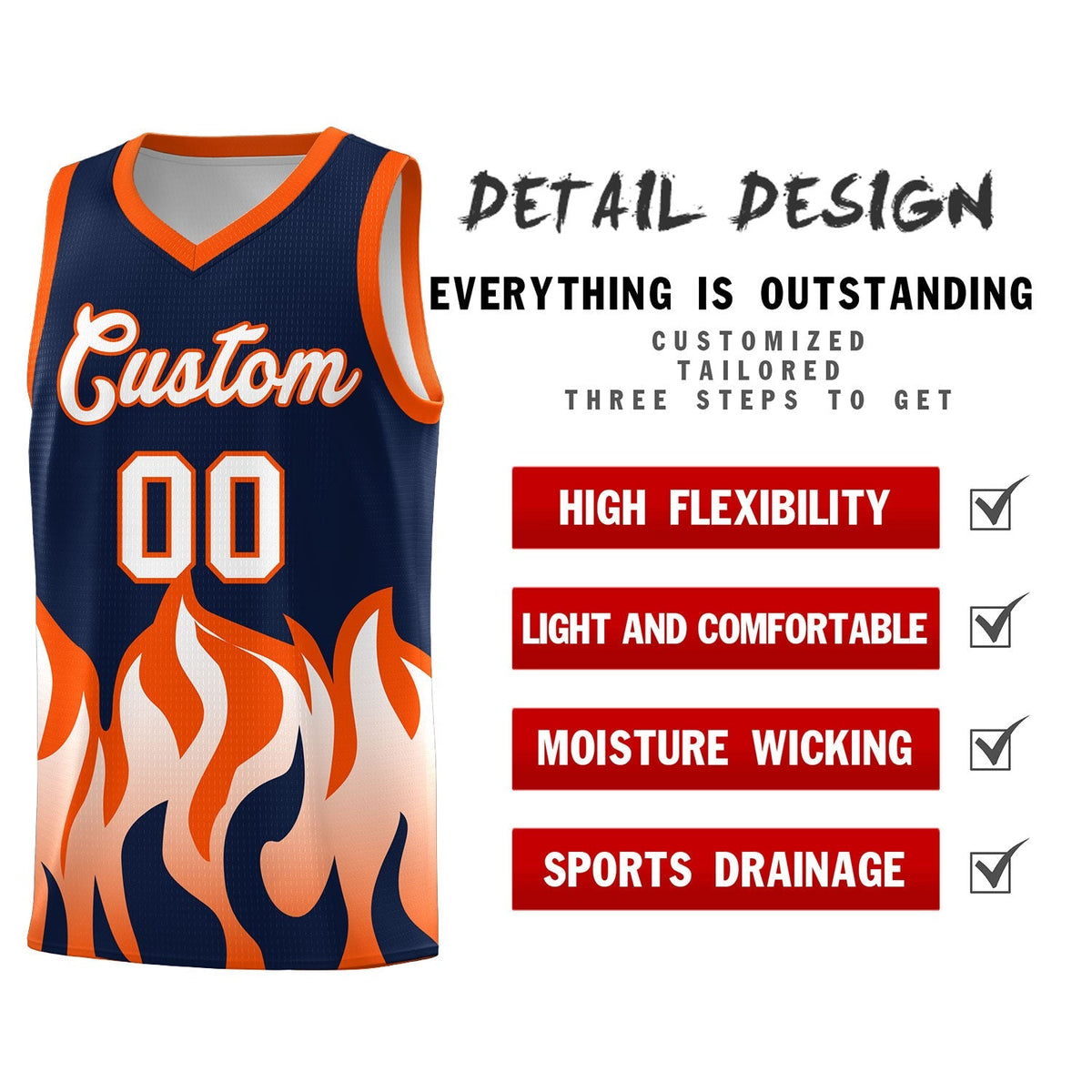 Custom Navy Orange Hem Flame Pattern Fashion Sports Uniform Basketball Kits