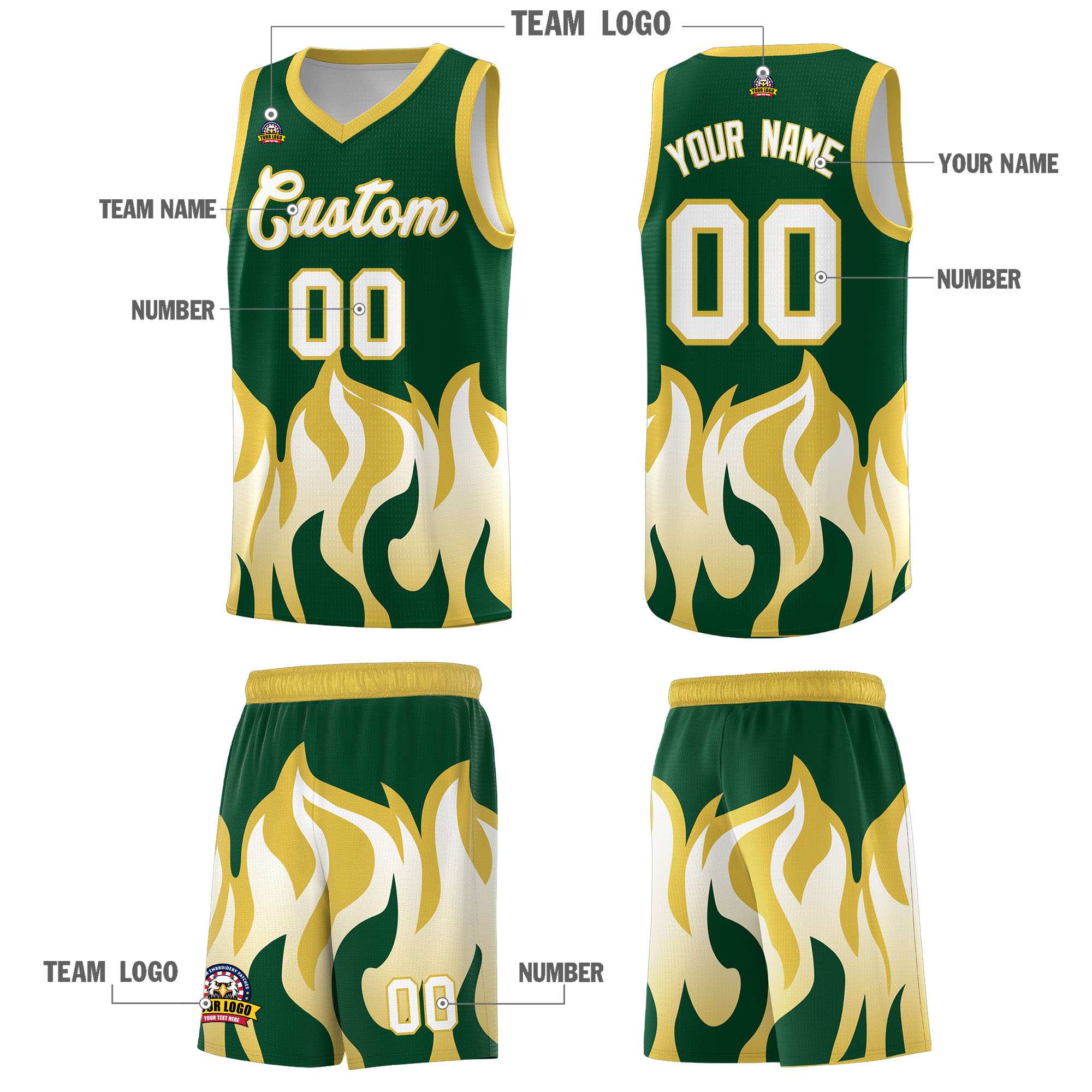 Custom Kelly Green Old Gold Hem Flame Pattern Fashion Sports Uniform Basketball Kits