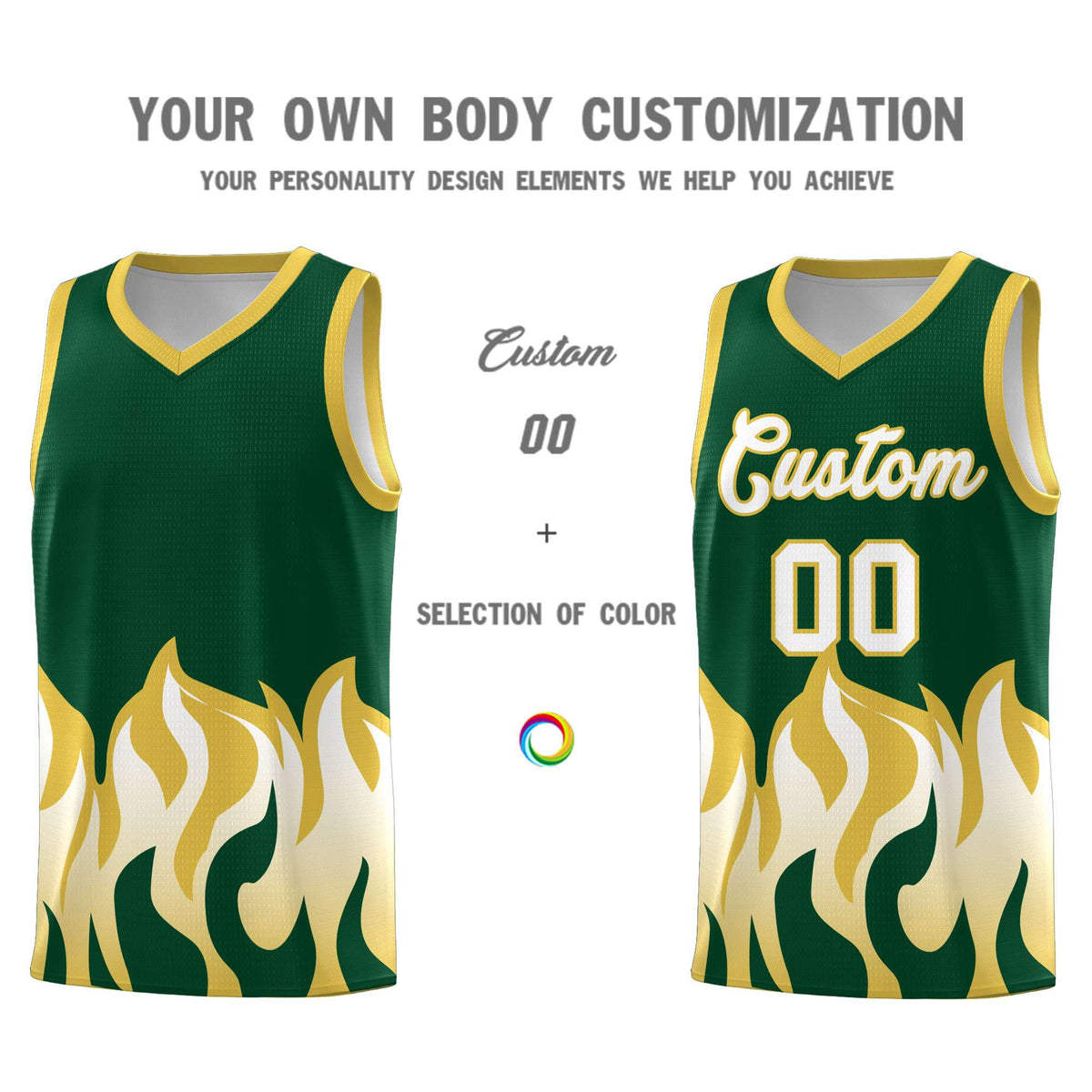 Custom Kelly Green Old Gold Hem Flame Pattern Fashion Sports Uniform Basketball Kits