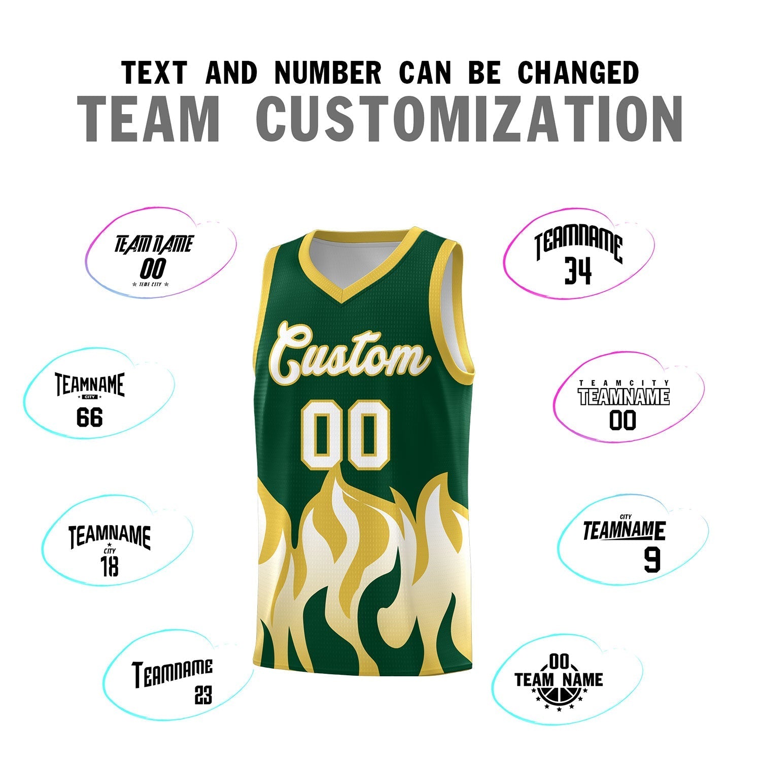 Custom Kelly Green Old Gold Hem Flame Pattern Fashion Sports Uniform Basketball Kits