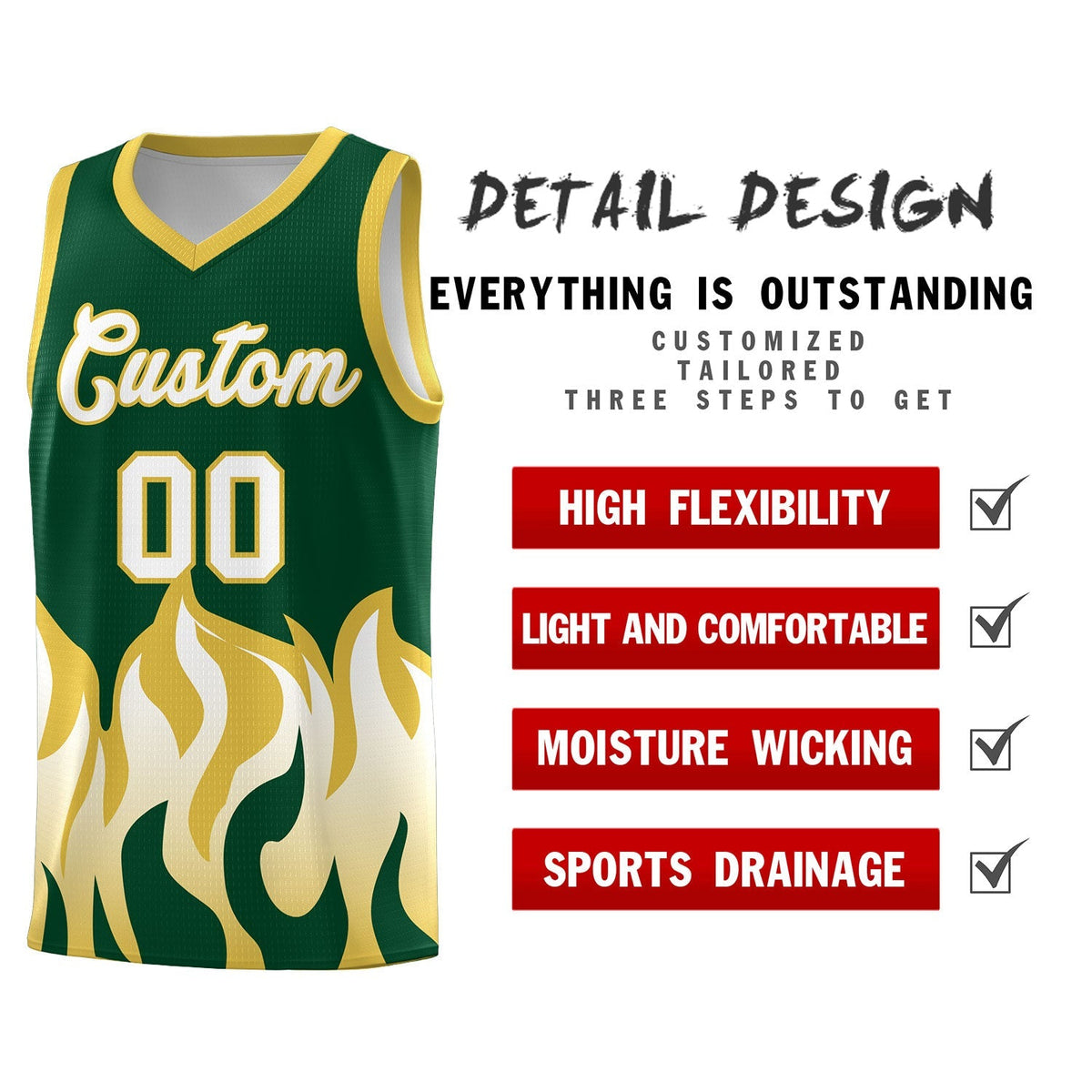 Custom Kelly Green Old Gold Hem Flame Pattern Fashion Sports Uniform Basketball Kits