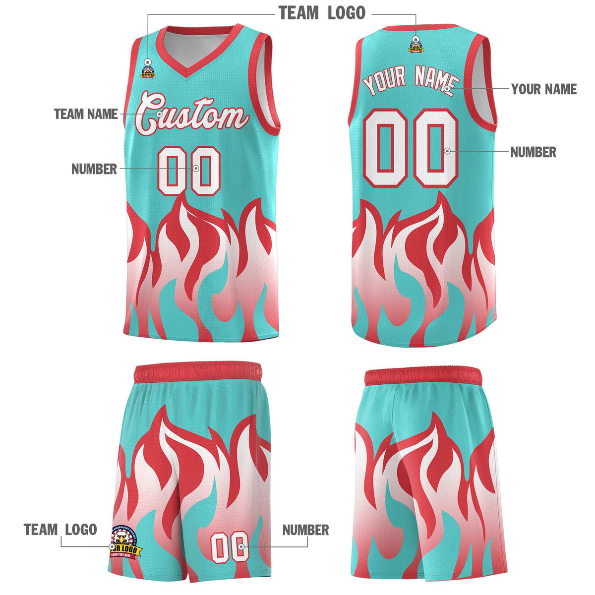 Custom Bright Green Light Red Hem Flame Pattern Fashion Sports Uniform Basketball Kits