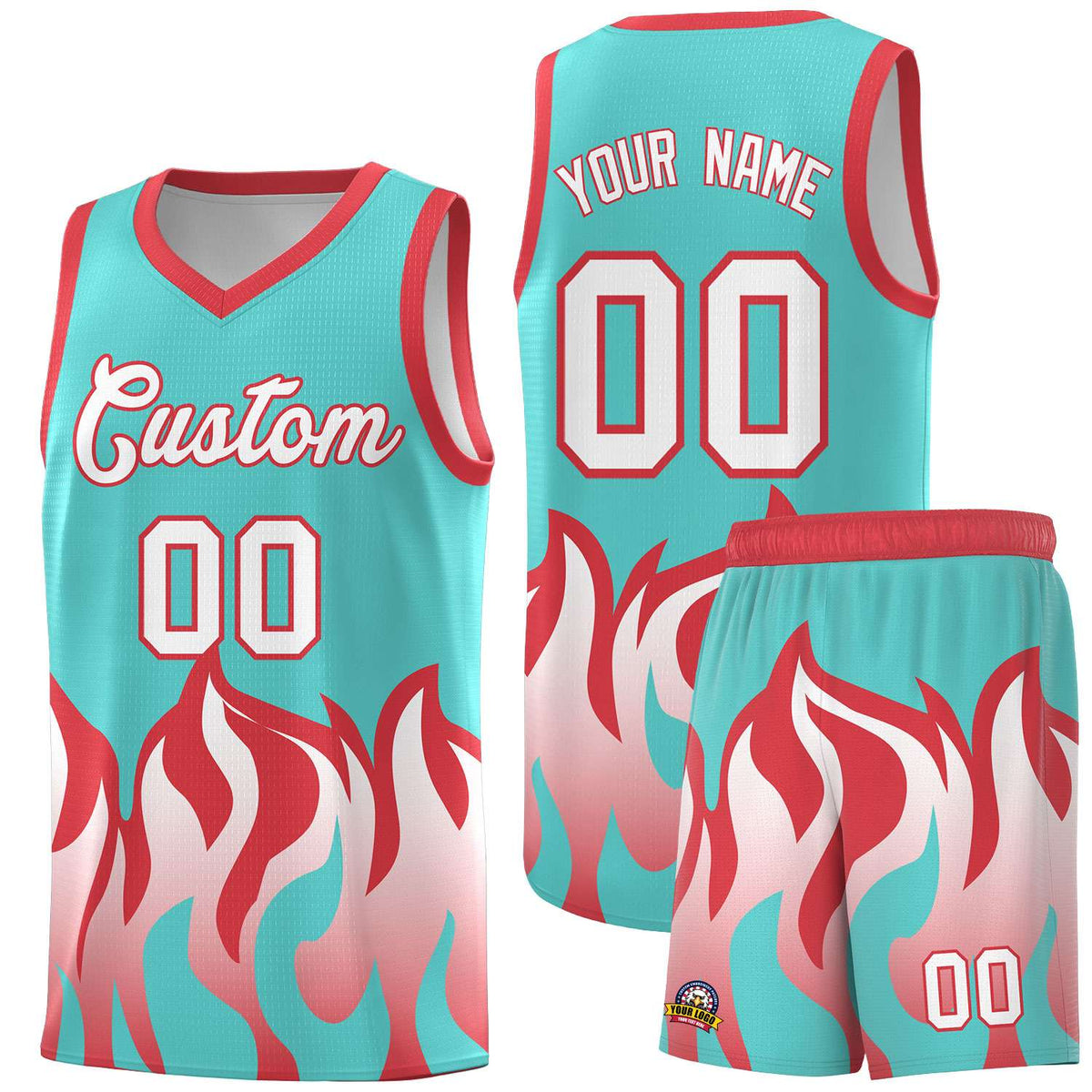 Custom Bright Green Light Red Hem Flame Pattern Fashion Sports Uniform Basketball Kits