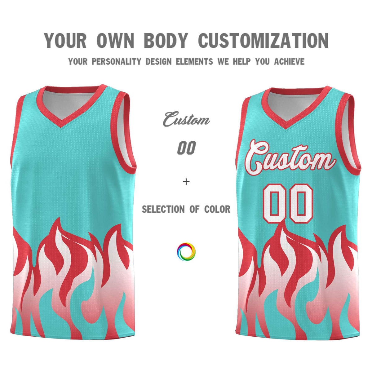 Custom Bright Green Light Red Hem Flame Pattern Fashion Sports Uniform Basketball Kits