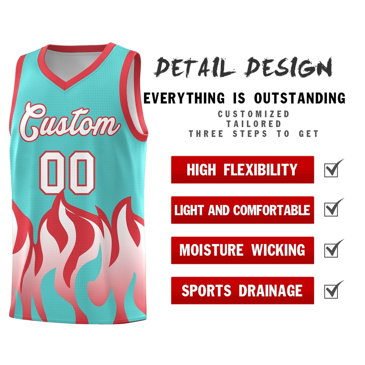 Custom Bright Green Light Red Hem Flame Pattern Fashion Sports Uniform Basketball Kits