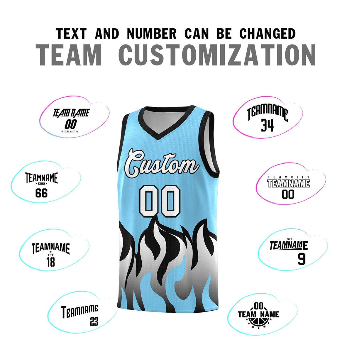Custom Light Blue Black Hem Flame Pattern Fashion Sports Uniform Basketball Kits