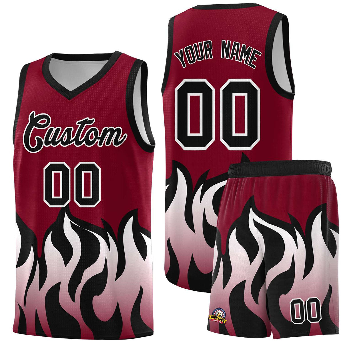 Custom Crimson Black Hem Flame Pattern Fashion Sports Uniform Basketball Kits