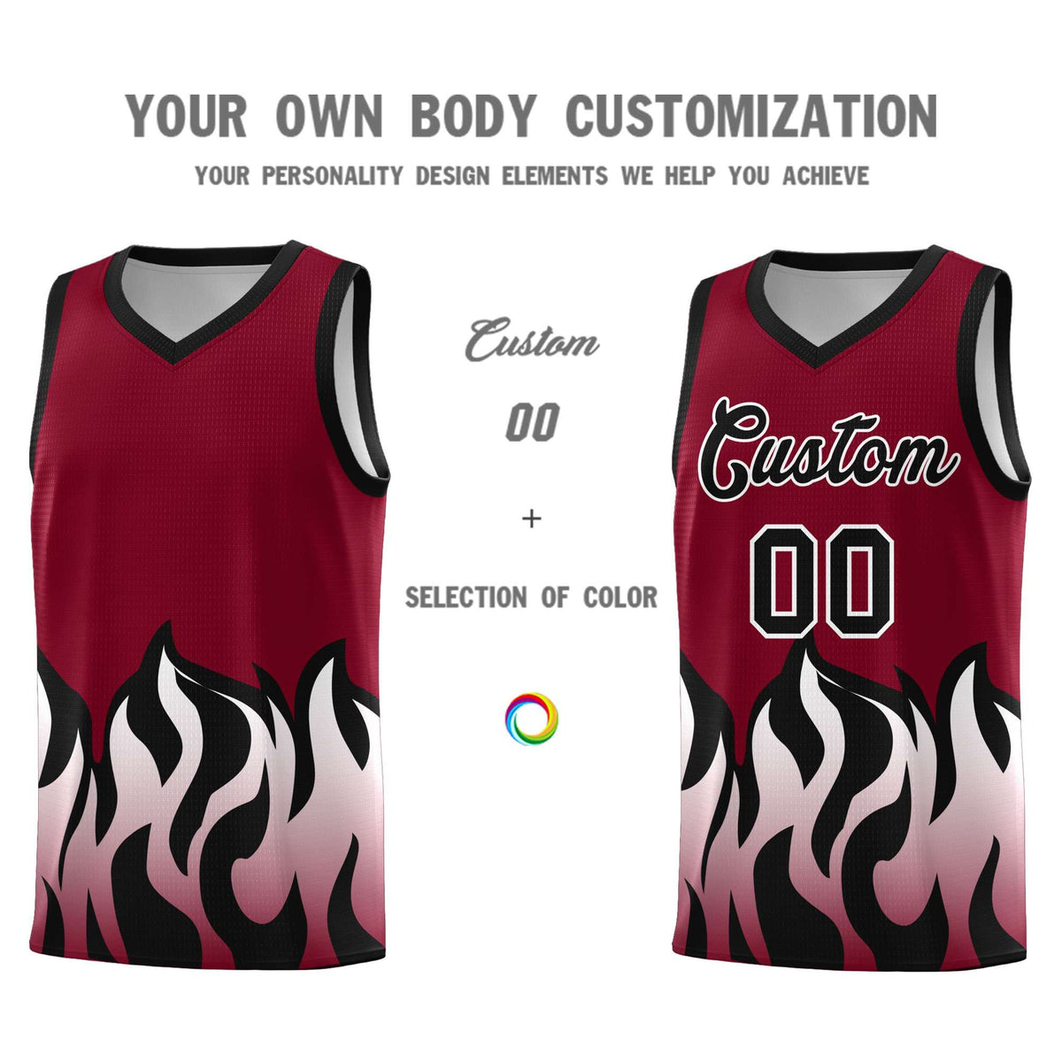 Custom Crimson Black Hem Flame Pattern Fashion Sports Uniform Basketball Kits