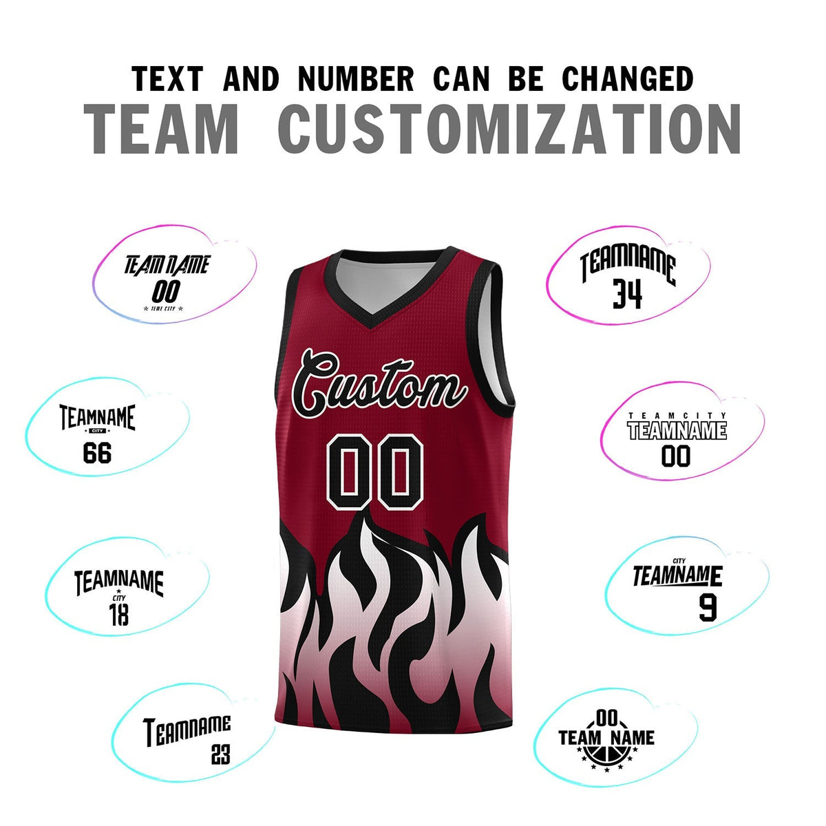 Custom Crimson Black Hem Flame Pattern Fashion Sports Uniform Basketball Kits