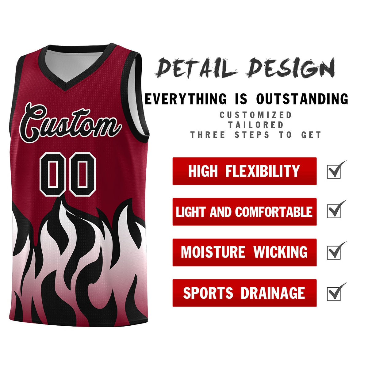 Custom Crimson Black Hem Flame Pattern Fashion Sports Uniform Basketball Kits