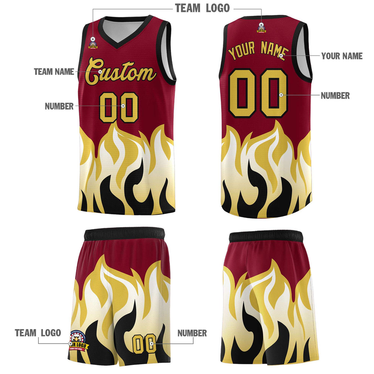Custom Crimson Old Gold Hem Flame Pattern Fashion Sports Uniform Basketball Kits