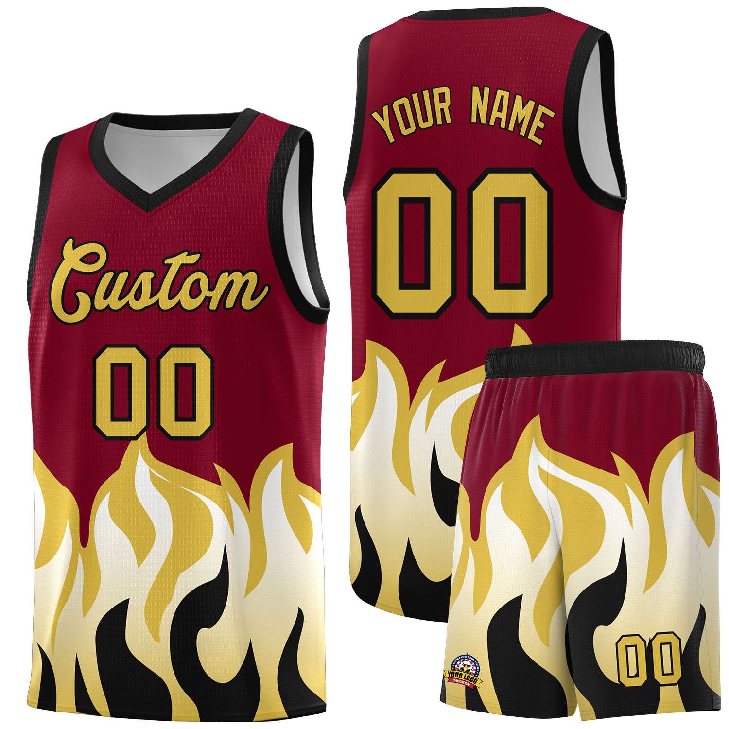 Custom Crimson Old Gold Hem Flame Pattern Fashion Sports Uniform Basketball Kits